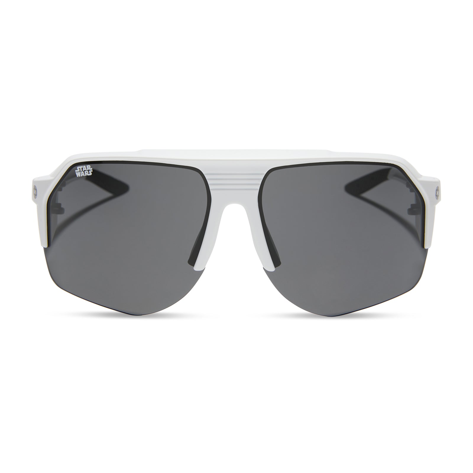 star warsâ„¢ x diff sport featuring thestormtrooper square sunglasses with a galactic white frame and category 3 dark grey polarized lenses front view