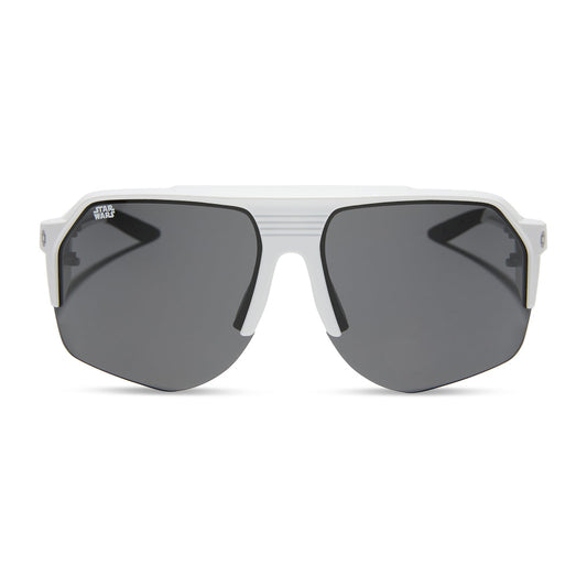 star warsâ„¢ x diff sport featuring thestormtrooper square sunglasses with a galactic white frame and category 3 dark grey polarized lenses front view