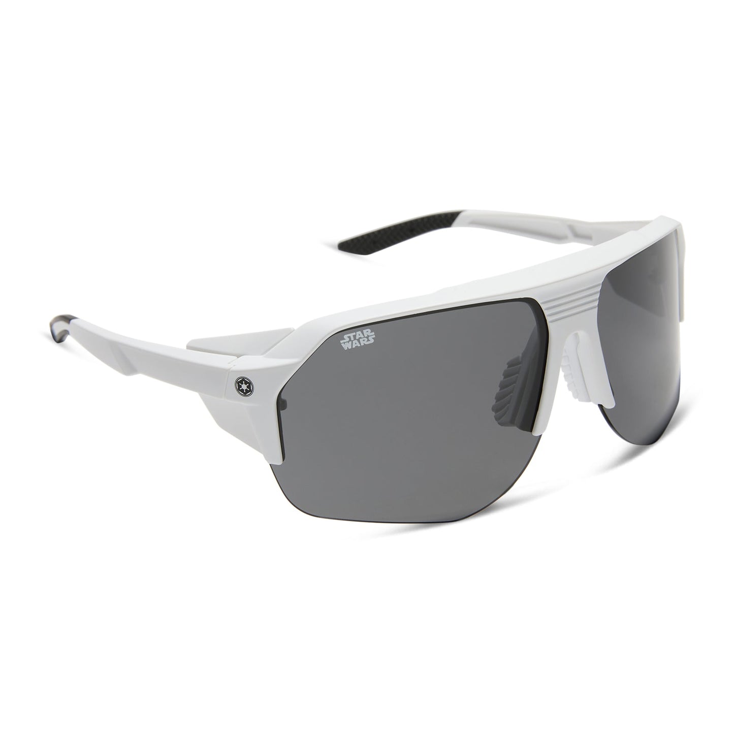 star warsâ„¢ x diff sport featuring thestormtrooper square sunglasses with a galactic white frame and category 3 dark grey polarized lenses angled view