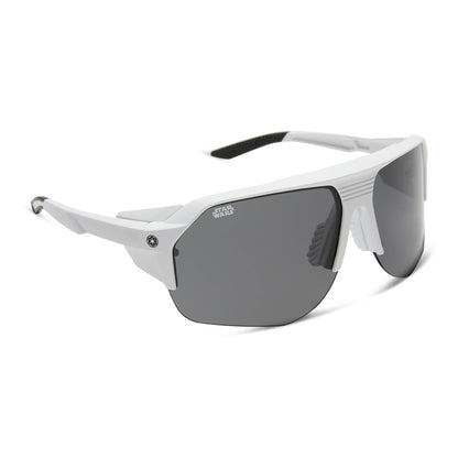star warsâ„¢ x diff sport featuring thestormtrooper square sunglasses with a galactic white frame and category 3 dark grey polarized lenses angled view