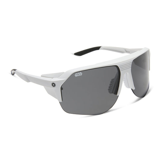 star warsâ„¢ x diff sport featuring thestormtrooper square sunglasses with a galactic white frame and category 3 dark grey polarized lenses angled view