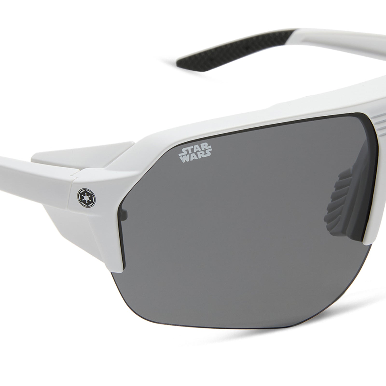 star warsâ„¢ x diff sport featuring thestormtrooper square sunglasses with a galactic white frame and category 3 dark grey polarized lenses detailed view