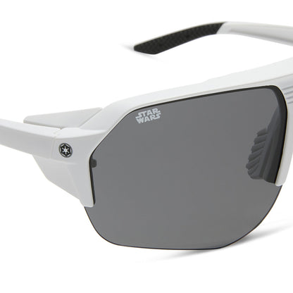 star warsâ„¢ x diff sport featuring thestormtrooper square sunglasses with a galactic white frame and category 3 dark grey polarized lenses detailed view