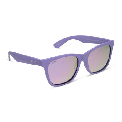 diff sport featuring the storm square sunglasses with a matte lavender frame and lavender mirror polarized lenses angled view
