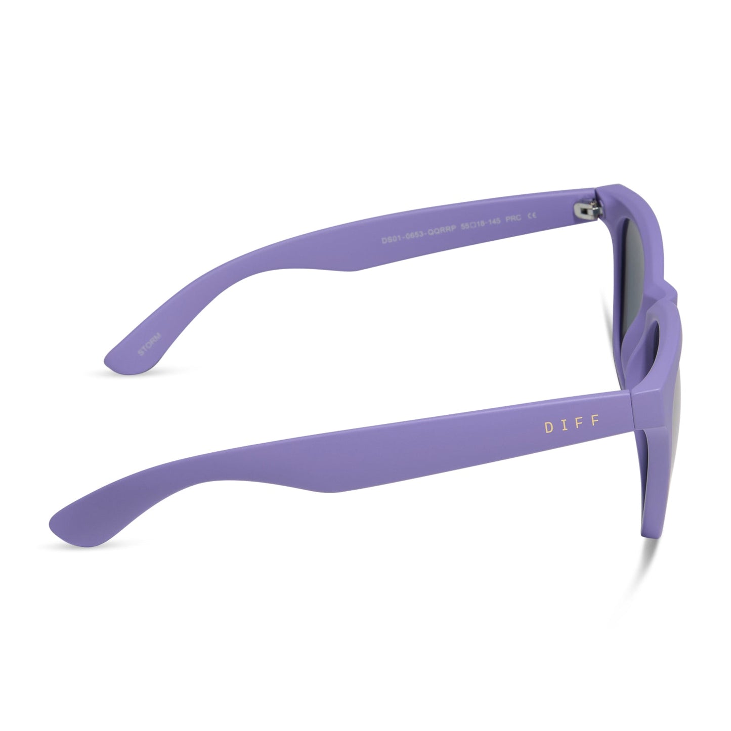 diff sport featuring the storm square sunglasses with a matte lavender frame and lavender mirror polarized lenses side view