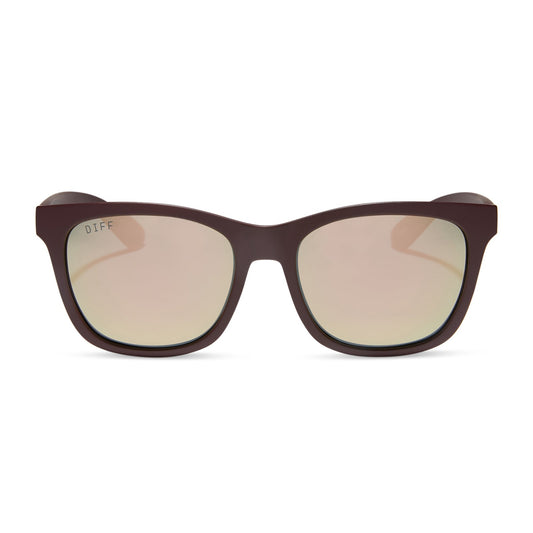 diff sport featuring the storm square sunglasses with a matte rugby red frame and taupe mirror polarized lenses front view