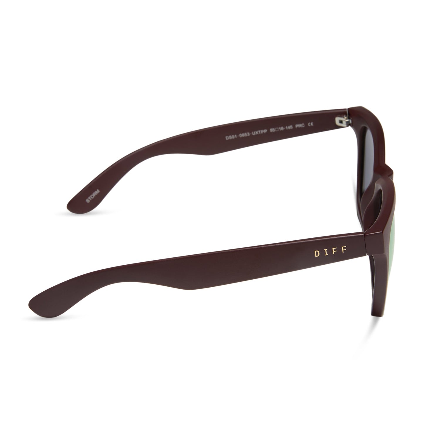 diff sport featuring the storm square sunglasses with a matte rugby red frame and taupe mirror polarized lenses side view