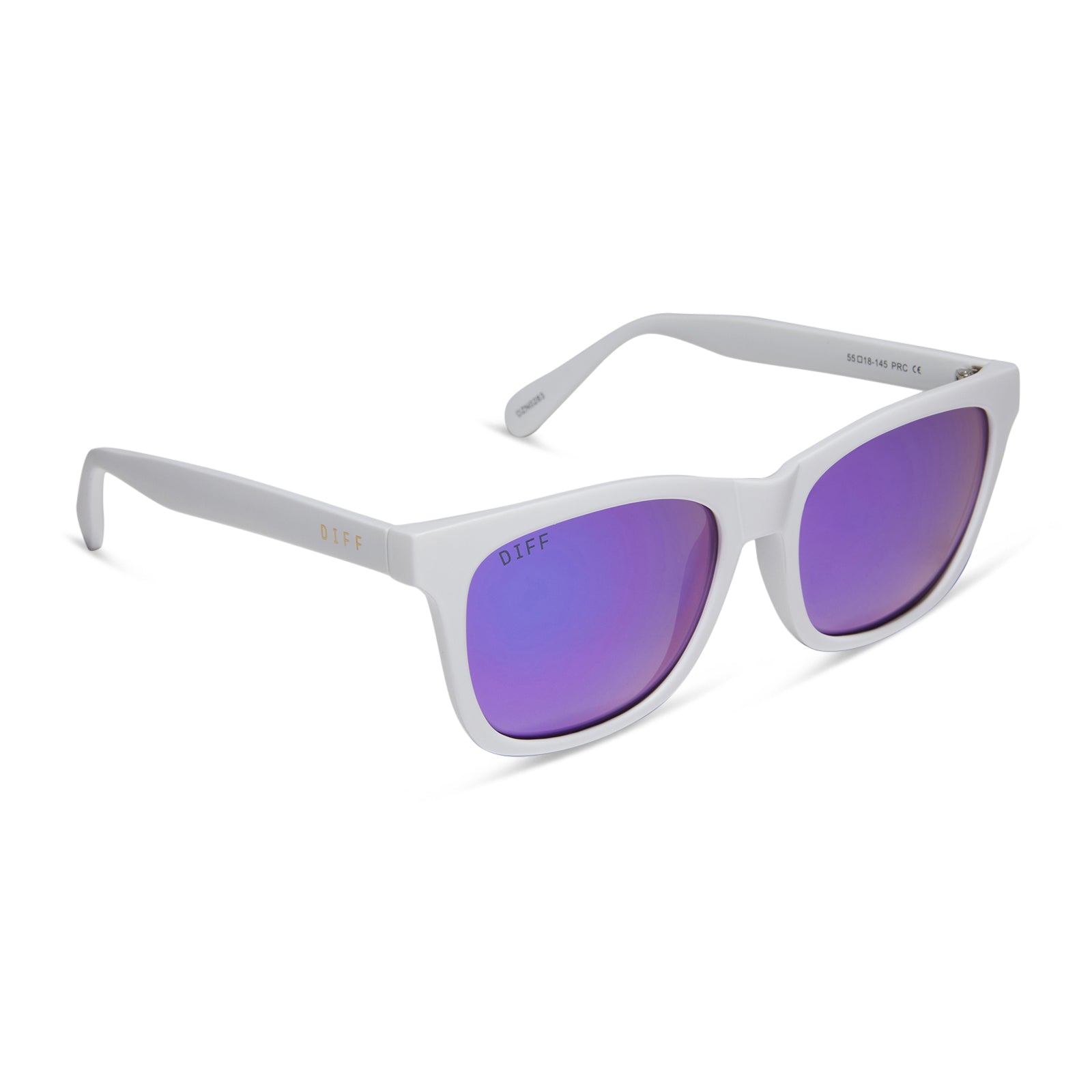 diff sport sky square sunglasses with a matte white frame and sunset mirror polarized lenses angled view