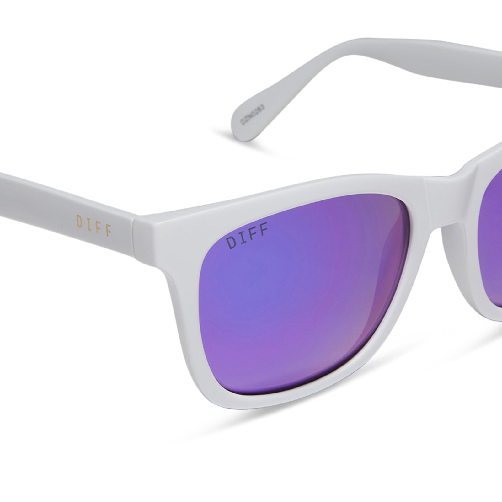 diff sport sky square sunglasses with a matte white frame and sunset mirror polarized lenses detailed view