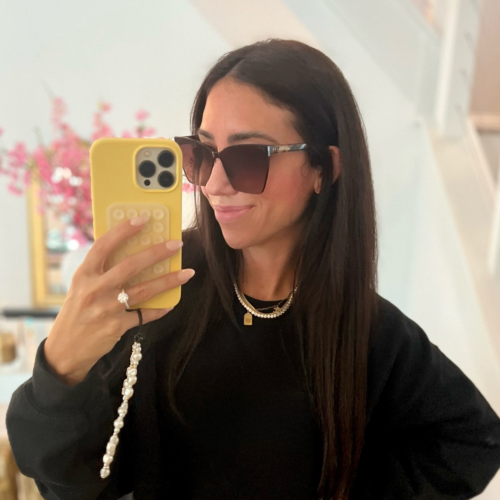 customer content - woman with long brunette hair posing for iphone mirror selfie with diff eyewear goldie sunglasses in espresso tortoise