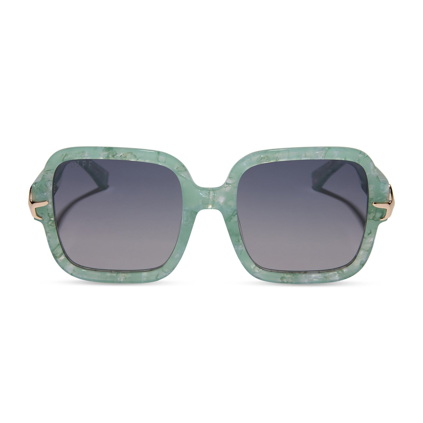 disney princess x diff eyewear featuring the ariel square sunglasses with a green pearl frame and lavender gradient polarized lenses front view