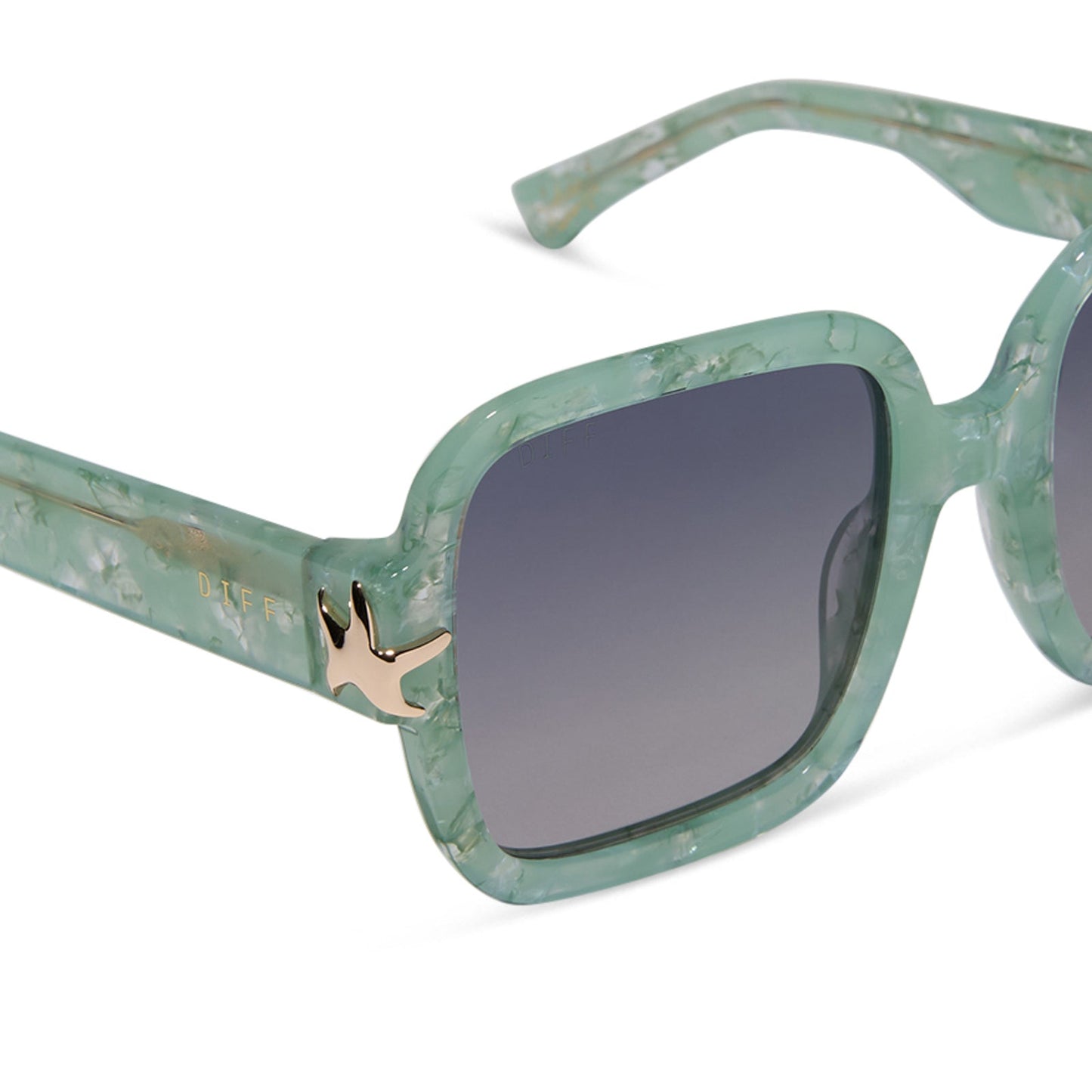 disney princess x diff eyewear featuring the ariel square sunglasses with a green pearl frame and lavender gradient polarized lenses detailed view