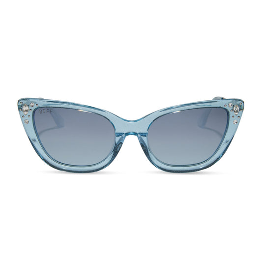 disney princess x diff eyewear featuring the cinderella cateye sunglasses with a blue crystal glitter frame and blue dust gradient polarized lenses front view