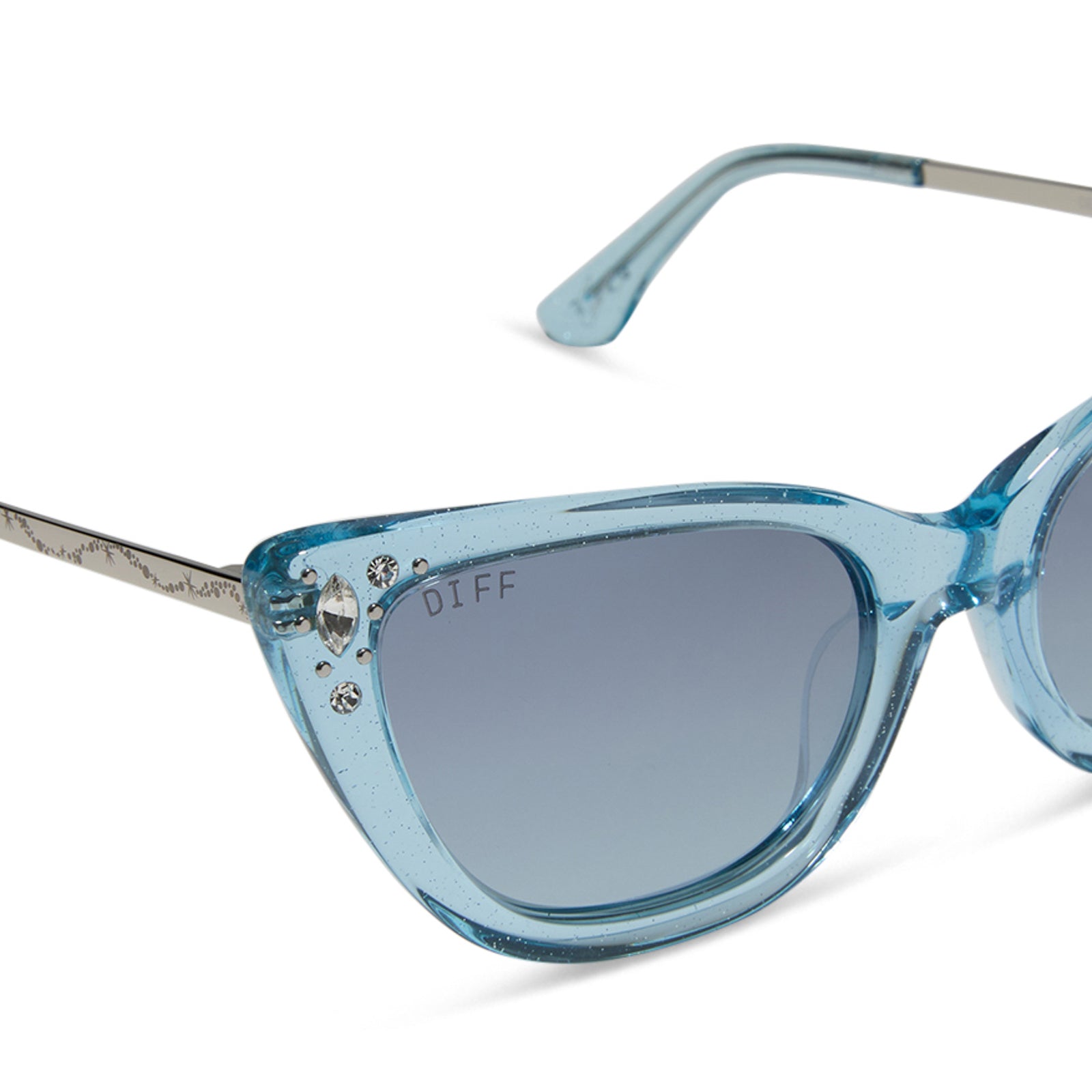 disney princess x diff eyewear featuring the cinderella cateye sunglasses with a blue crystal glitter frame and blue dust gradient polarized lenses detailed view