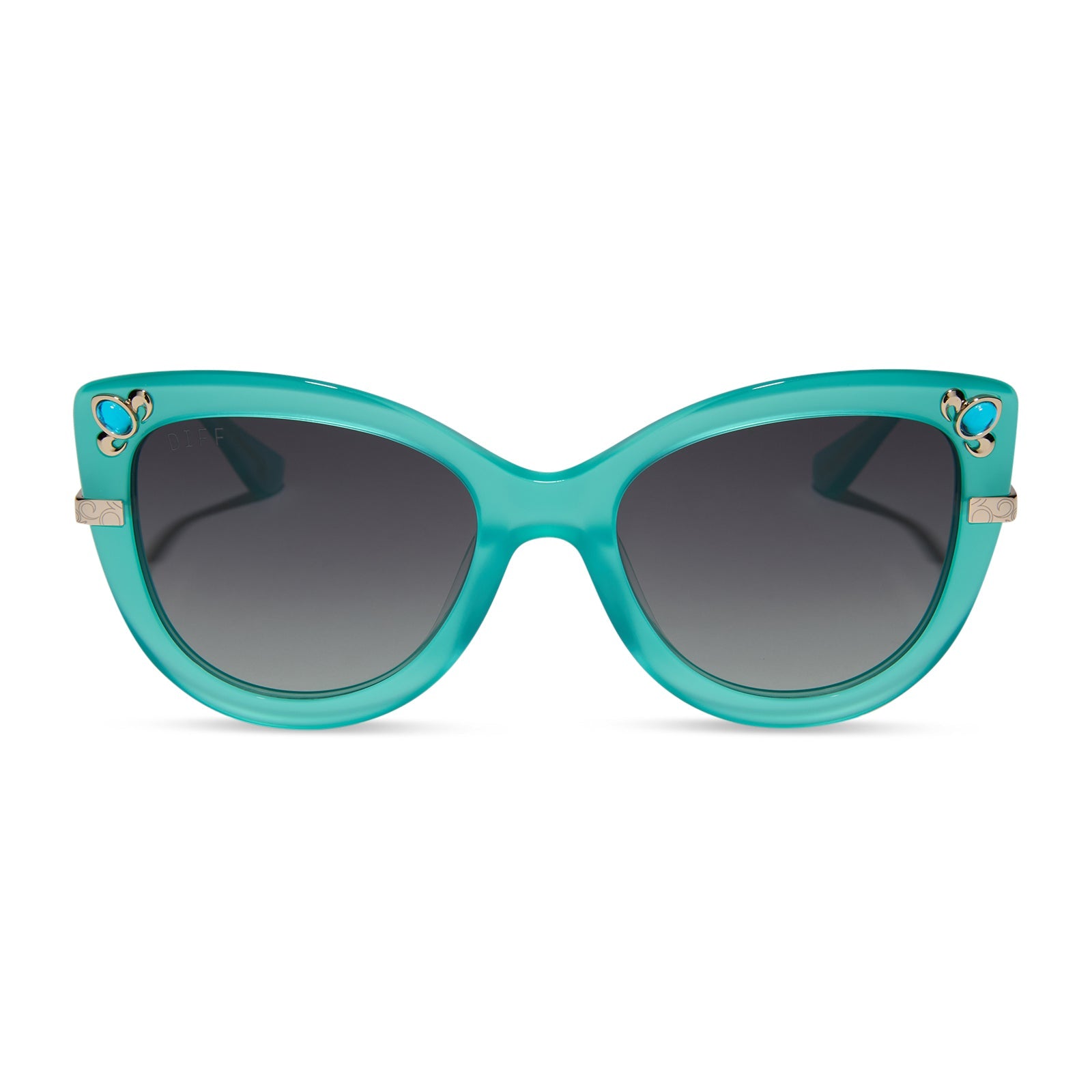 disney princess diff eyewear jasmine cat eye sunglasses with a teal fream and grey gradient lenses front view