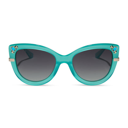 disney princess diff eyewear jasmine cat eye sunglasses with a teal fream and grey gradient lenses front view