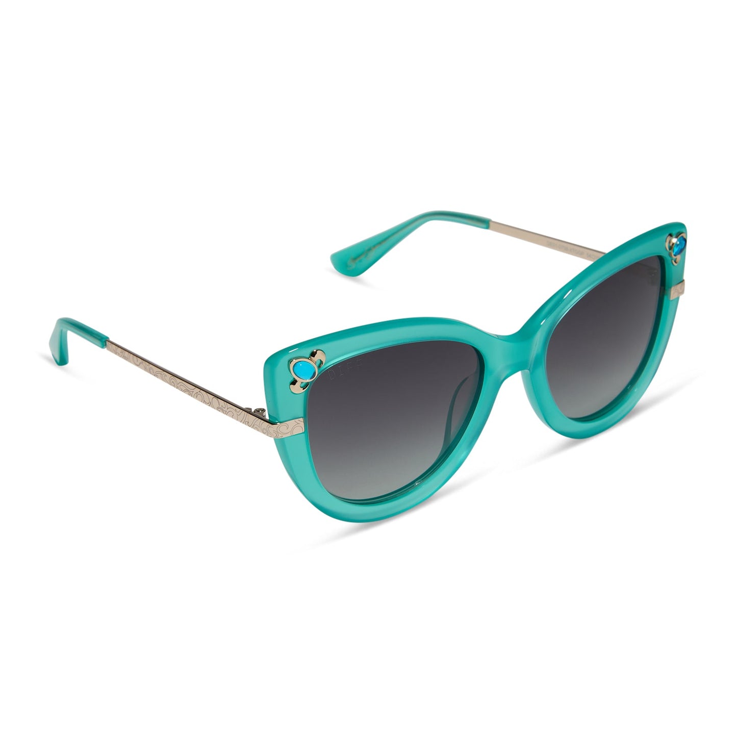 disney princess diff eyewear jasmine cat eye sunglasses with a teal fream and grey gradient lenses angled view