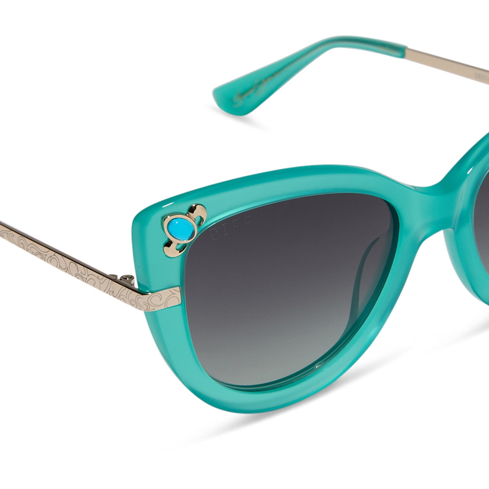 disney princess diff eyewear jasmine cat eye sunglasses with a teal fream and grey gradient lenses detailed view