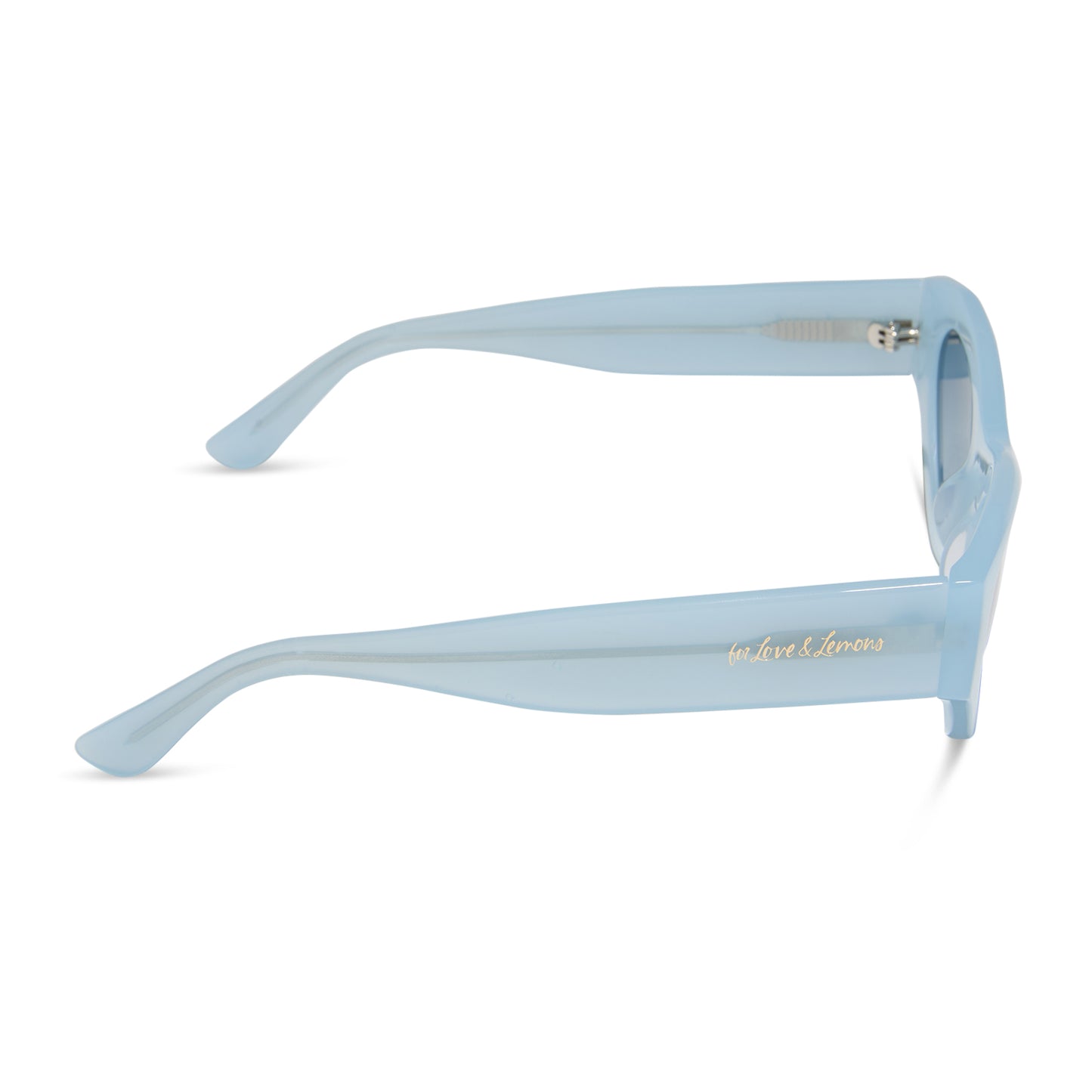 for love and lemons x diff eyewear featuring the lucy cat eye sunglasses with a pastel blue frame and blue gradient polarized lenses side view