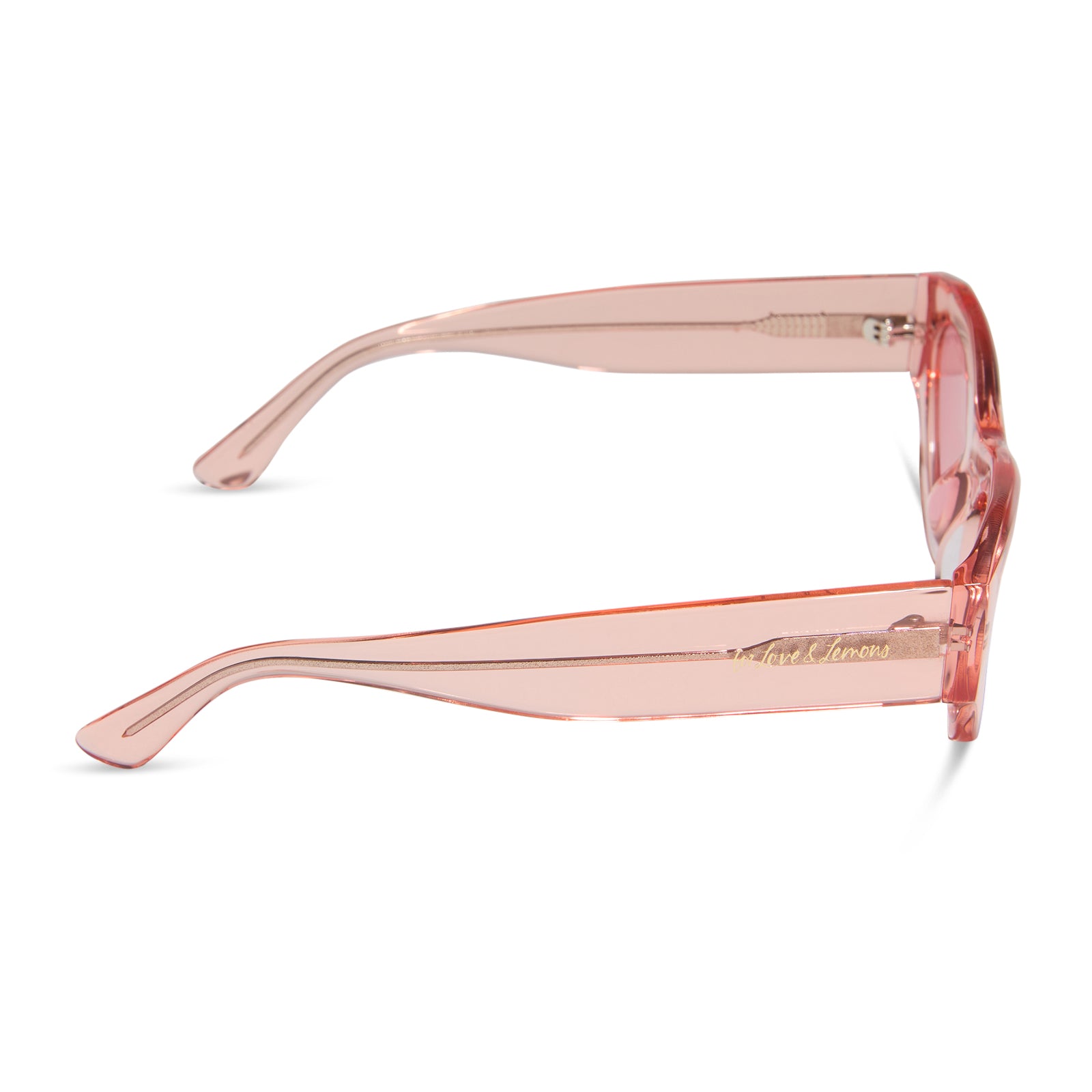 for love and lemons x diff eyewear featuring the lucy cat eye sunglasses with a pastel pink frame and rose lenses side view