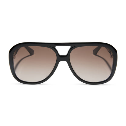 for love and lemons x diff eyewear featuring the pauline aviator sunglasses with a black frame and brown gradient lenses front view