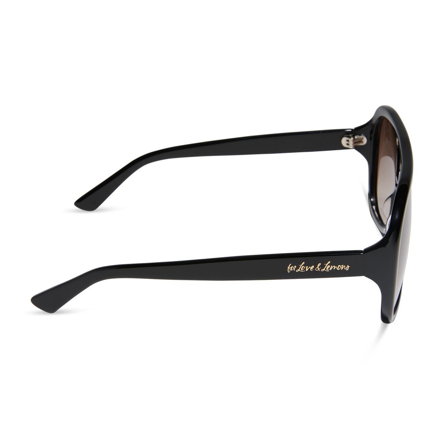 for love and lemons x diff eyewear featuring the pauline aviator sunglasses with a black frame and brown gradient lenses side view