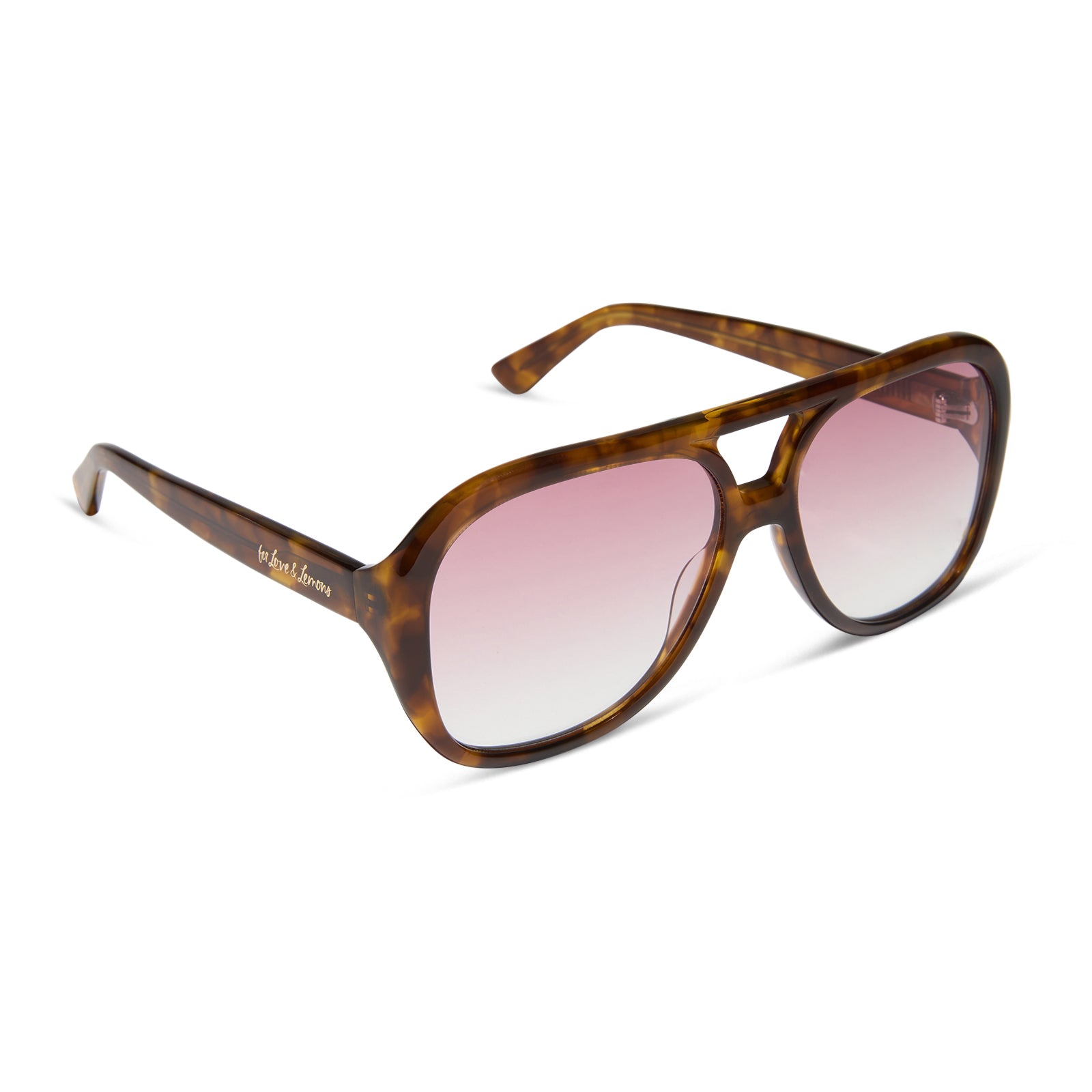 for love and lemons x diff eyewear featuring the pauline aviator sunglasses with a honey tortoise frame and rose gradient lenses angled view