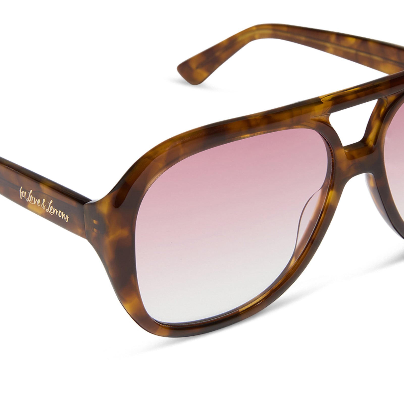for love and lemons x diff eyewear featuring the pauline aviator sunglasses with a honey tortoise frame and rose gradient lenses detailed view