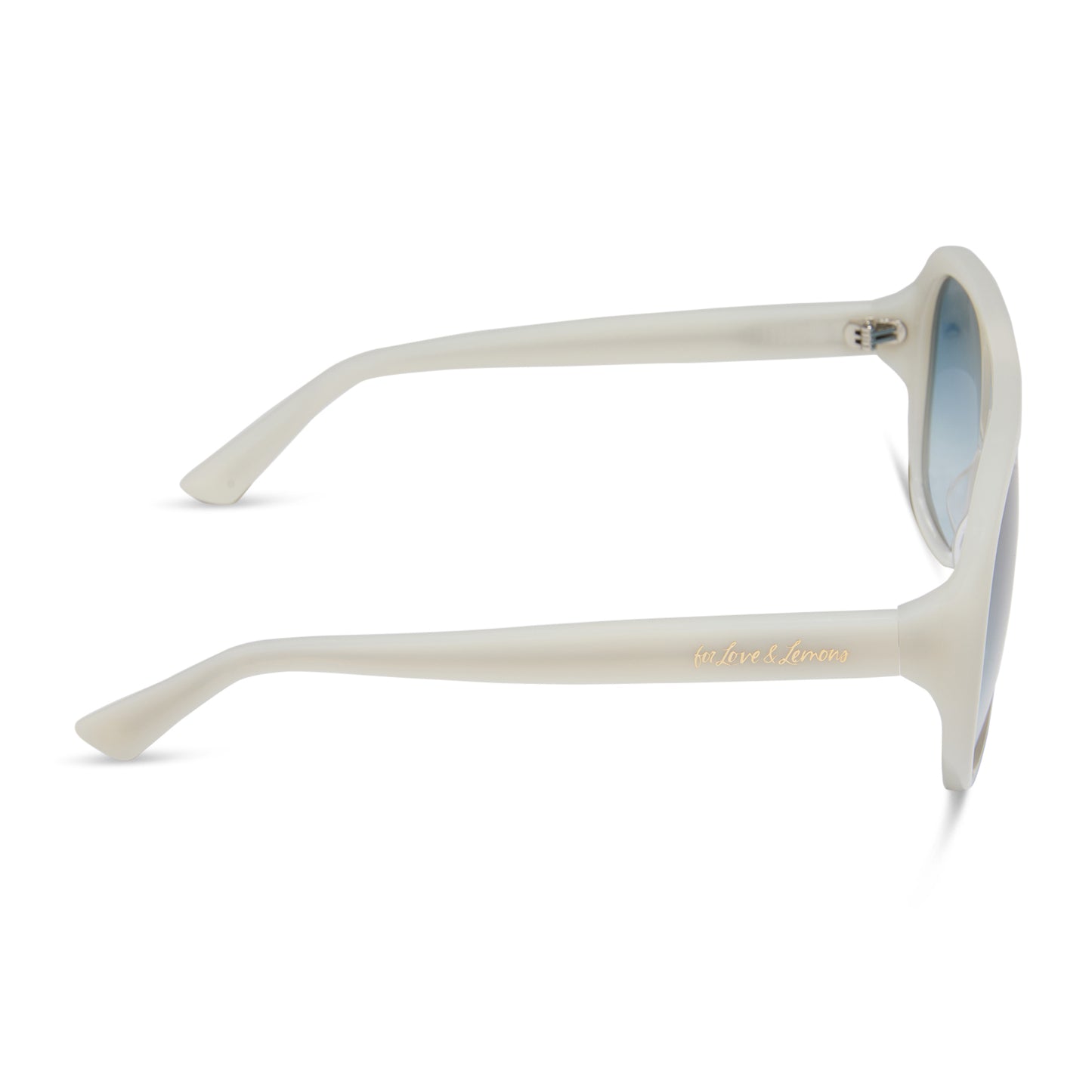 for love and lemons x diff eyewear featuring the pauline aviator sunglasses with a meringue cream frame and blue gradient lenses side view