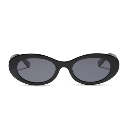 for love and lemons x diff eyewear featuring the sabrina oval sunglasses with a black frame and grey polarized lenses front view