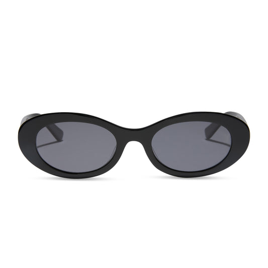 for love and lemons x diff eyewear featuring the sabrina oval sunglasses with a black frame and grey polarized lenses front view