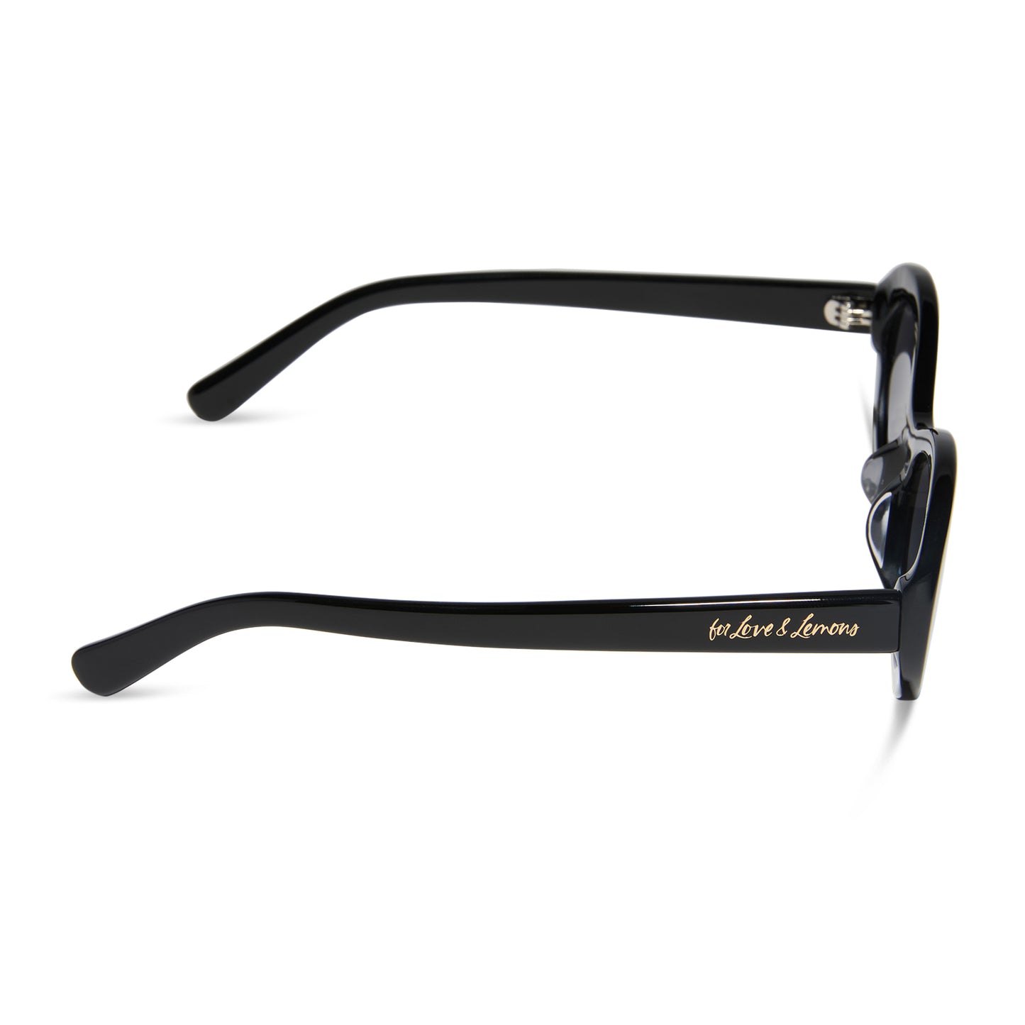 for love and lemons x diff eyewear featuring the sabrina oval sunglasses with a black frame and grey polarized lenses side view