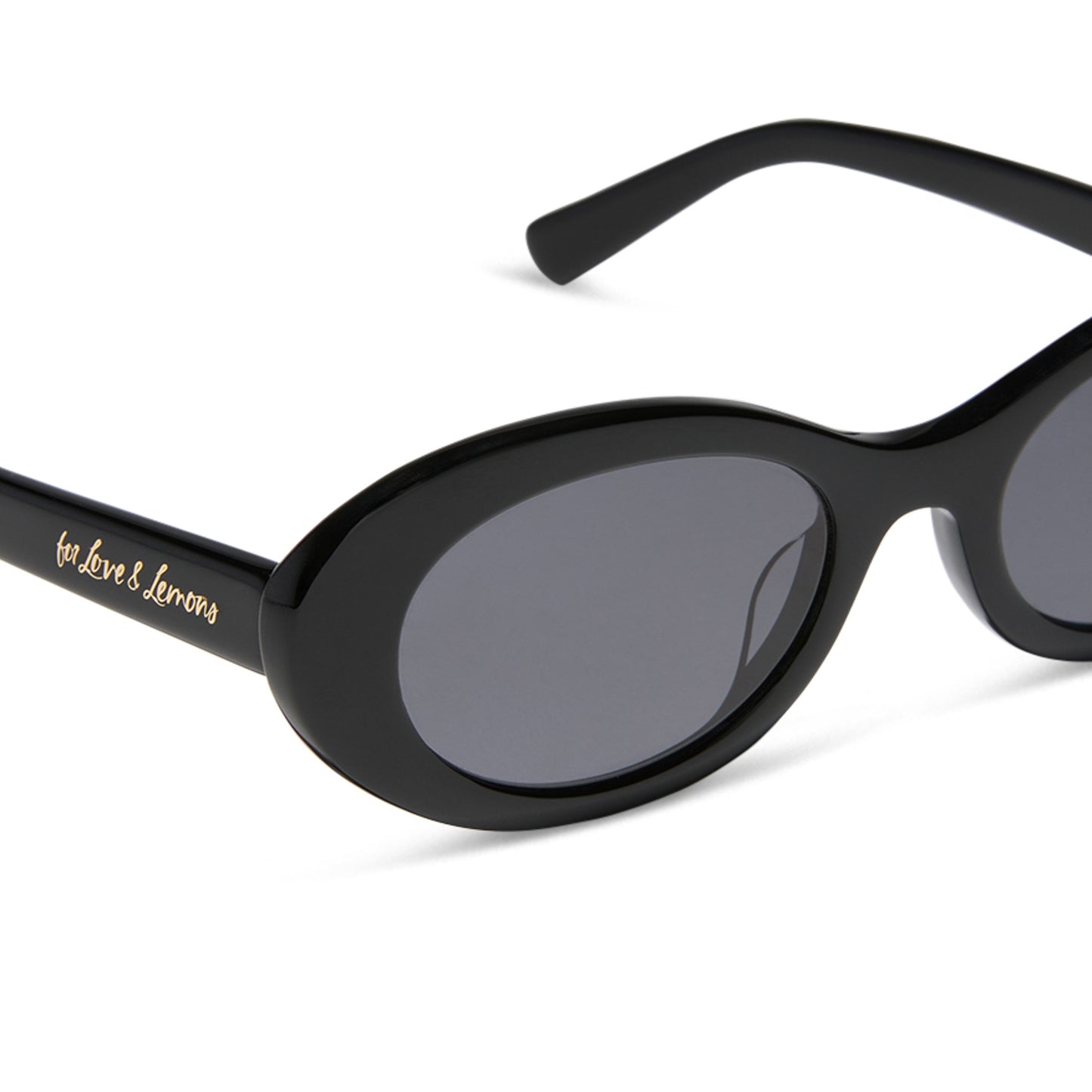 for love and lemons x diff eyewear featuring the sabrina oval sunglasses with a black frame and grey polarized lenses detailed view