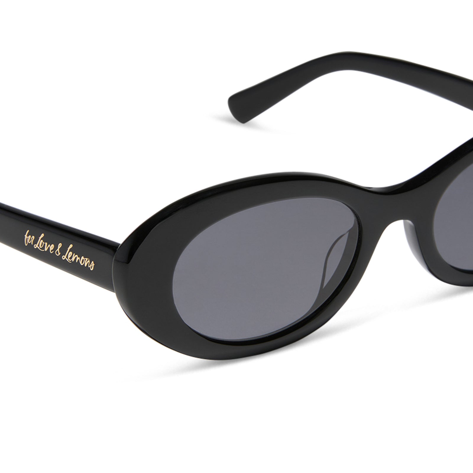 for love and lemons x diff eyewear featuring the sabrina oval sunglasses with a black frame and grey polarized lenses detailed view