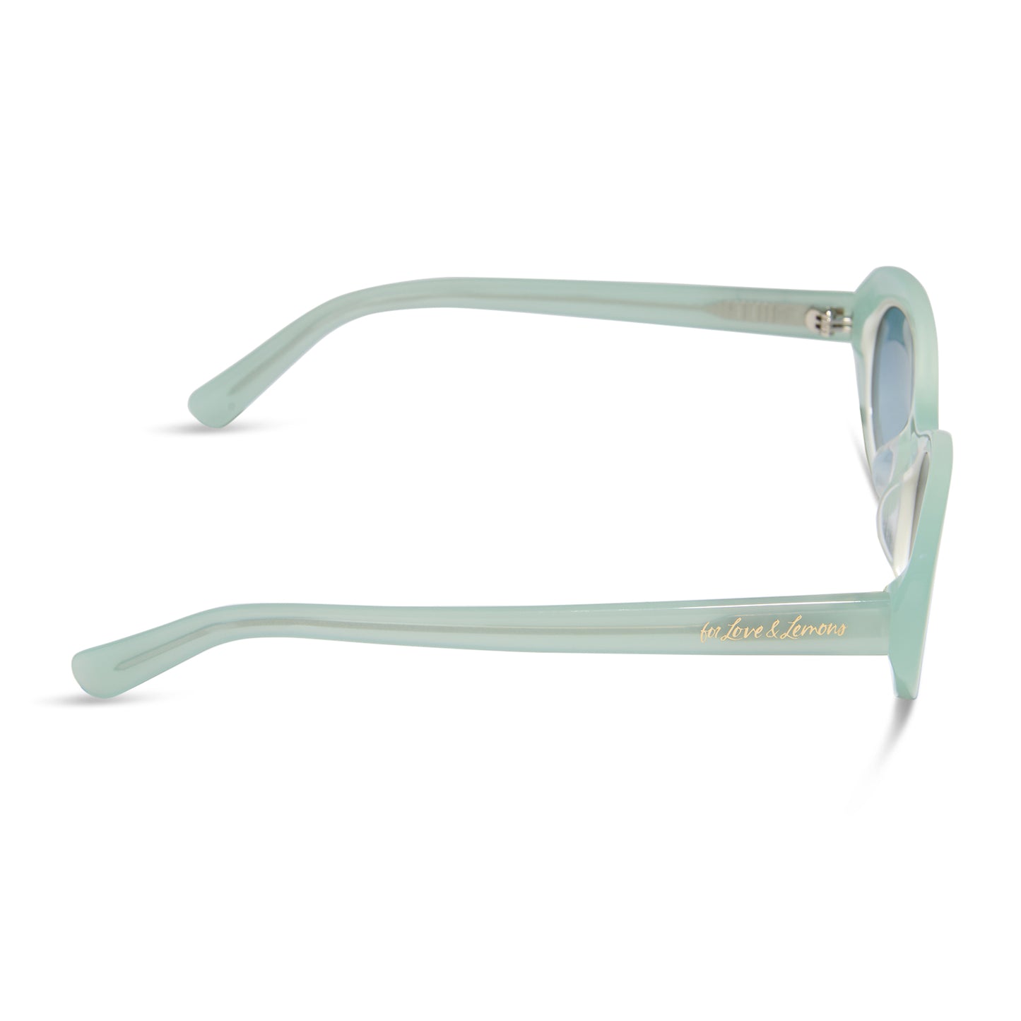 for love and lemons x diff eyewear featuring the sabrina oval sunglasses with a pastel sage frame and blue gradient lenses side view