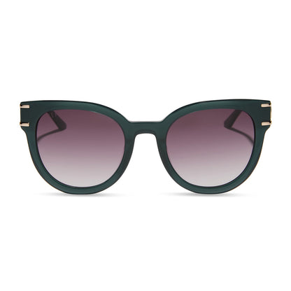 frozen x diff eyewear featuring the anna cat eye sunglasses with a rich emerald frame and royal purple gradient lenses front view