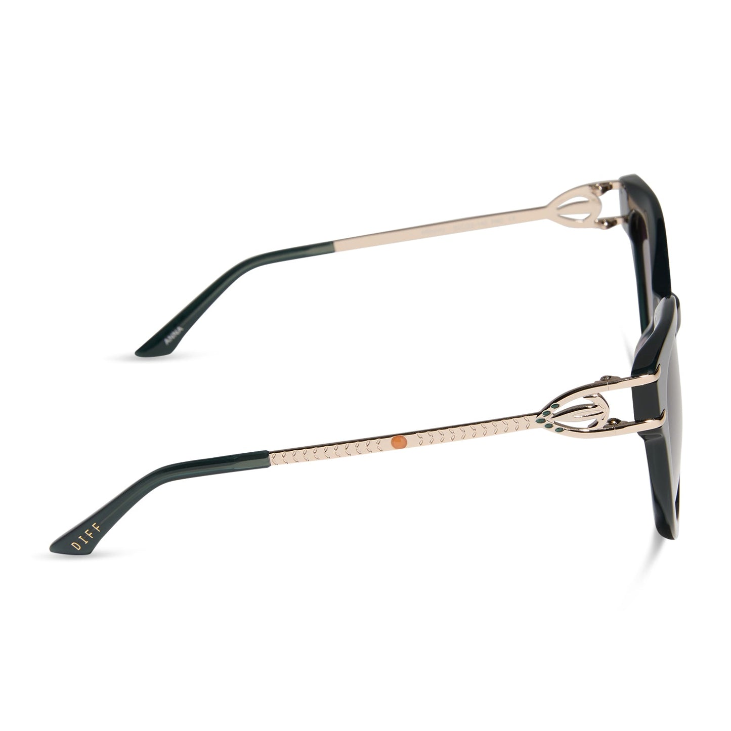 frozen x diff eyewear featuring the anna cat eye sunglasses with a rich emerald frame and royal purple gradient lenses side view