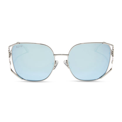 frozen x diff eyewear featuring the elsa oversized square sunglasses with a cool silver gloss metal frame and ice blue gradient lenses front view