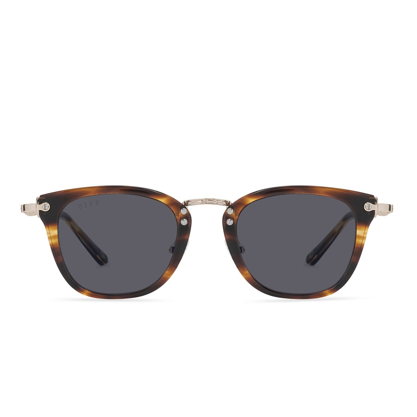 harry potter x diff eyewear featuring the gryffindor square prescription sunglasses with a lions mane gold frame and grey prescription lenses front view