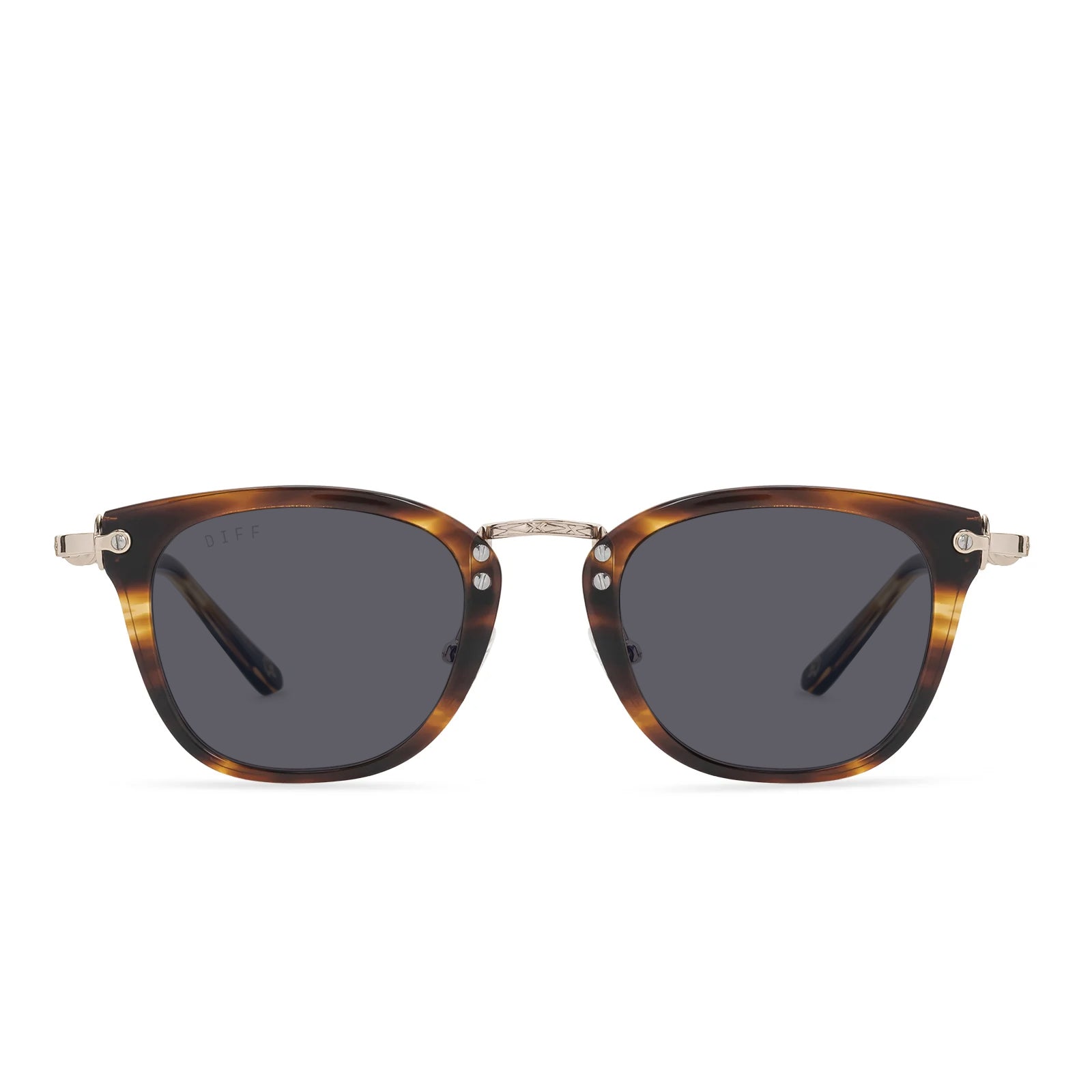 harry potter x diff eyewear featuring the gryffindor square prescription sunglasses with a lions mane gold frame and grey prescription lenses front view