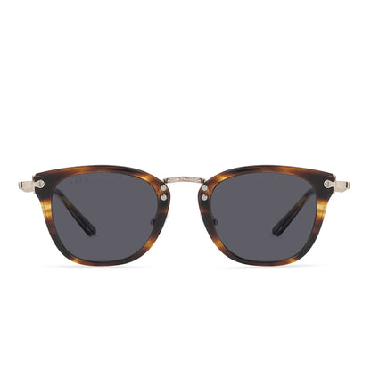 harry potter x diff eyewear featuring the gryffindor square prescription sunglasses with a lions mane gold frame and grey prescription lenses front view
