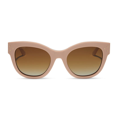 iconica x diff eyewear eva cat eye sunglasses with a nude peach frame and brown gradient polarized lenses front view