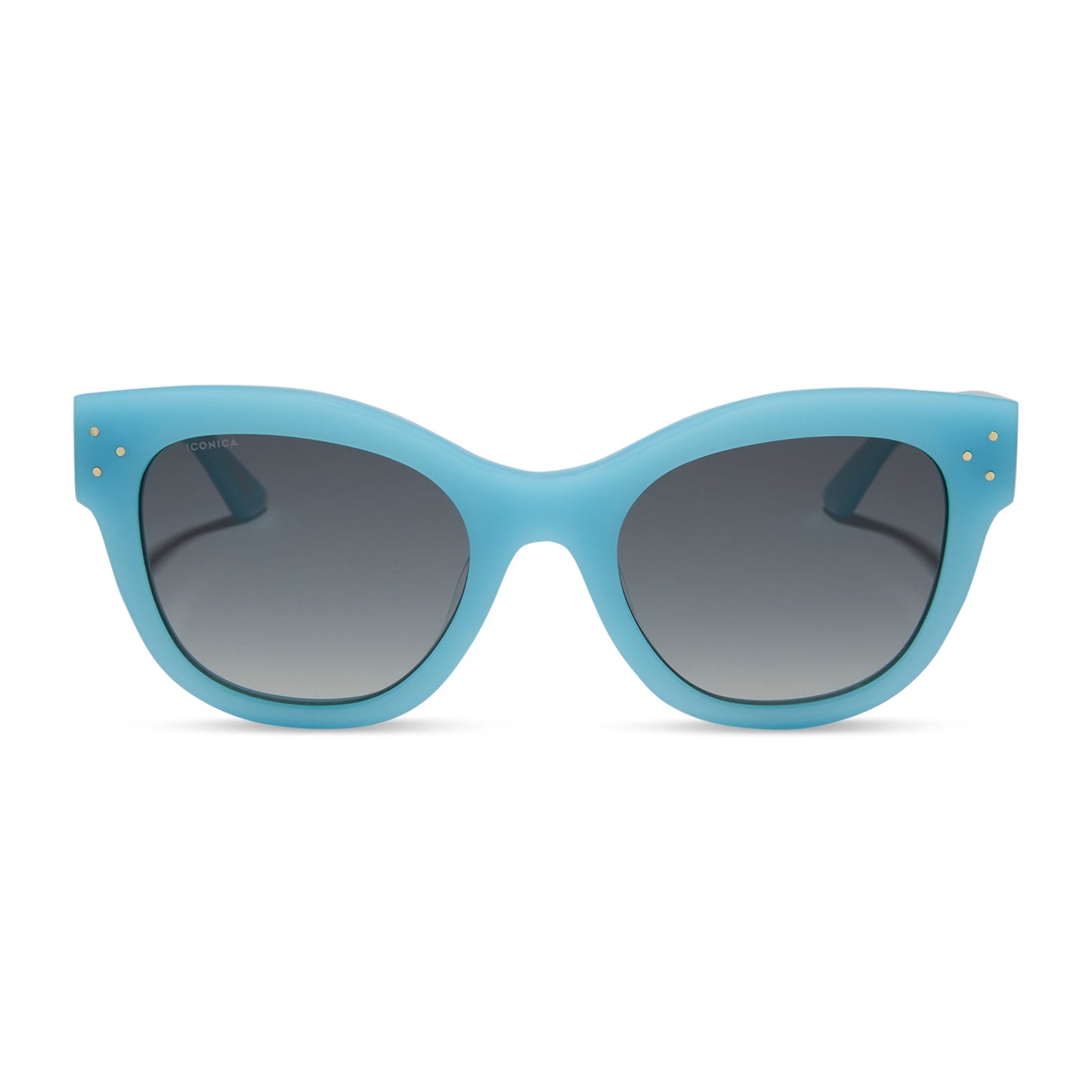 iconica x diff eyewear eva cat eye sunglasses with a parasido blue frame and grey gradient polarized lenses front view