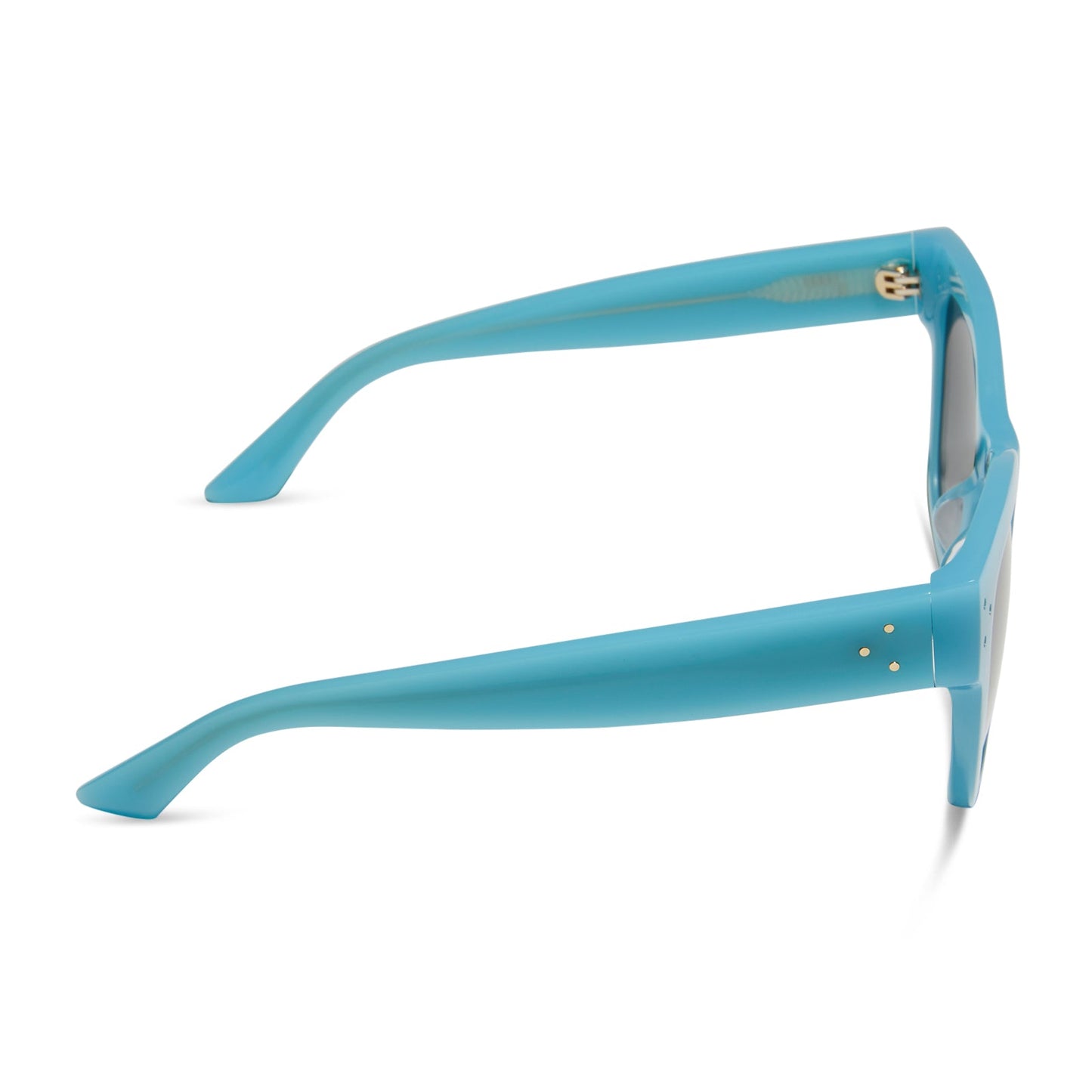 iconica x diff eyewear eva cat eye sunglasses with a parasido blue frame and grey gradient polarized lenses side view