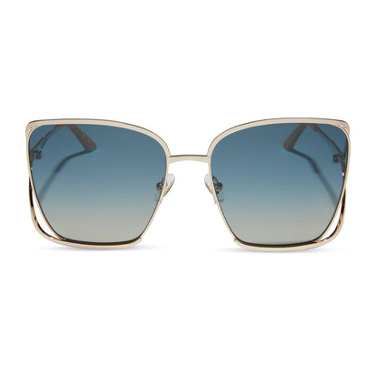 iconica x diff eyewear francesca square oversized sunglasses with a champagne metal frame and paradiso blue polarized lenses front view