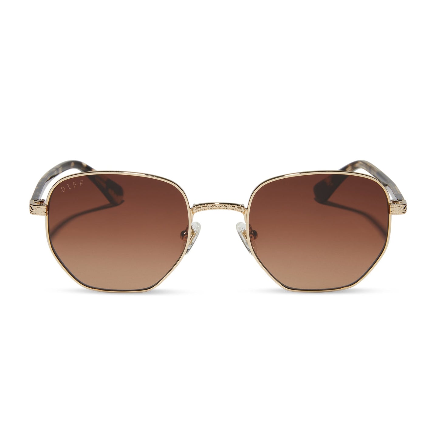 jessie james decker x diff eyewear aster sunglasses with a gold metal frame and brown gradient lenses front view