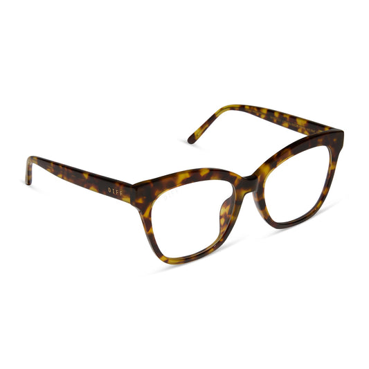 jessie james decker x diff eyewear featuring the winston prescription glasses in amber tortoise angled view