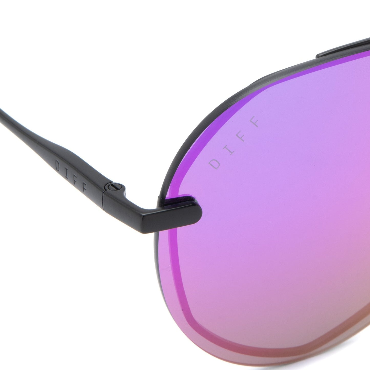 Lenox sunglasses with matte black frames and purple mirror lens detailed shot