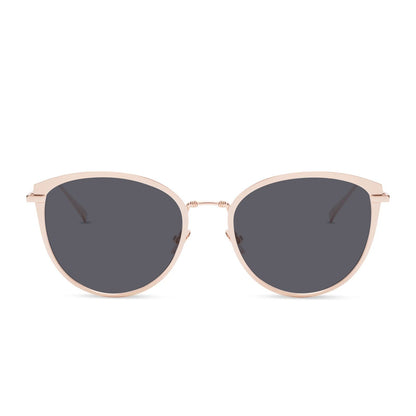 diff eyewear star wars princess leia cat eye prescription sunglasses with a alderaan gold metal frame and grey prescription lenses front view