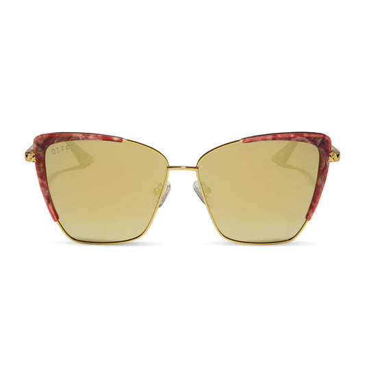 star wars x diff eyewear queen amidala oversized cat eye sunglasses with a marbled naboo royal red with hammered gold frame and gold mirror polarized lenses front view